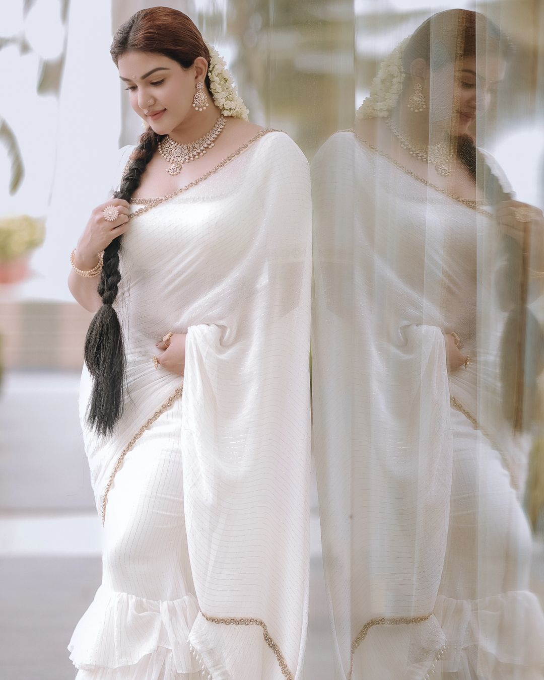 Honey Rose Stills in Sleeveless South Indian White Saree04